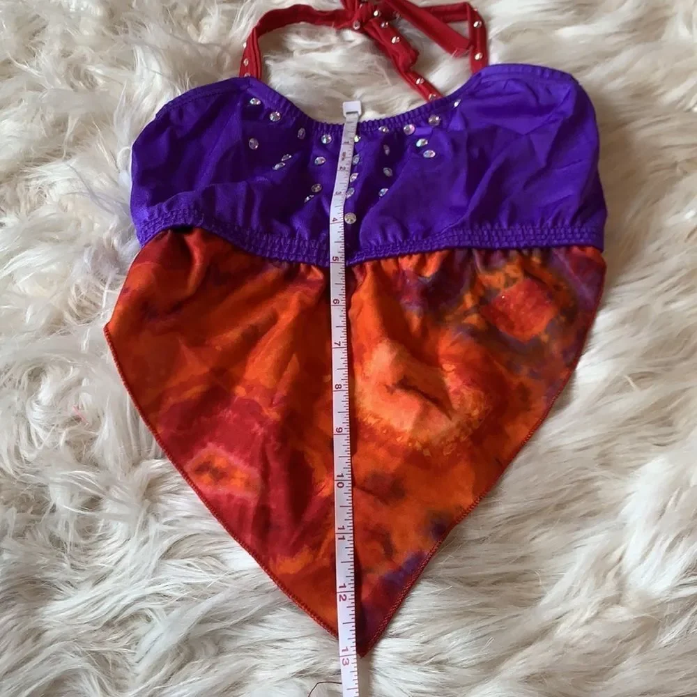 Custom dance costume with Swarovski crystals. Orange, Red and Purple Two Piece